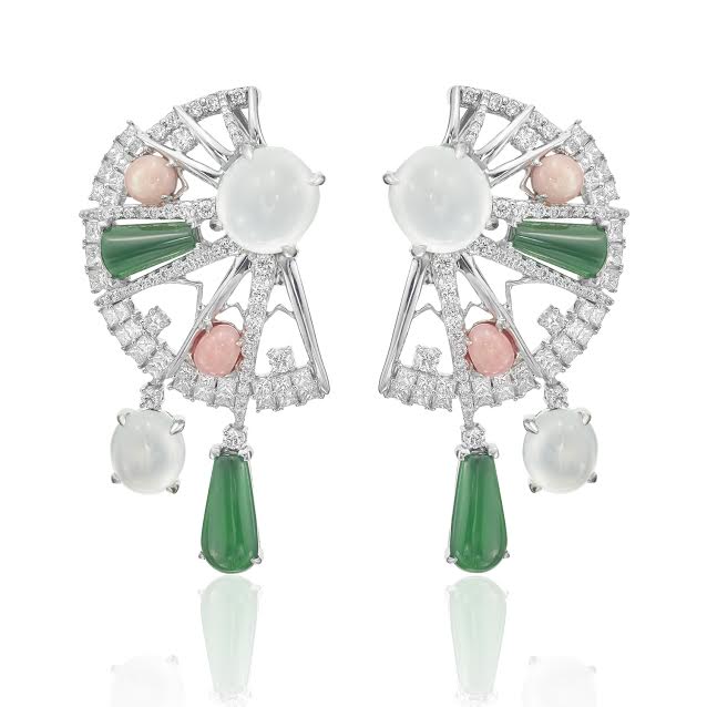 Jade Fan earrings in white gold with white and green jade, conch pearls, diamonds, Sarah Ho London