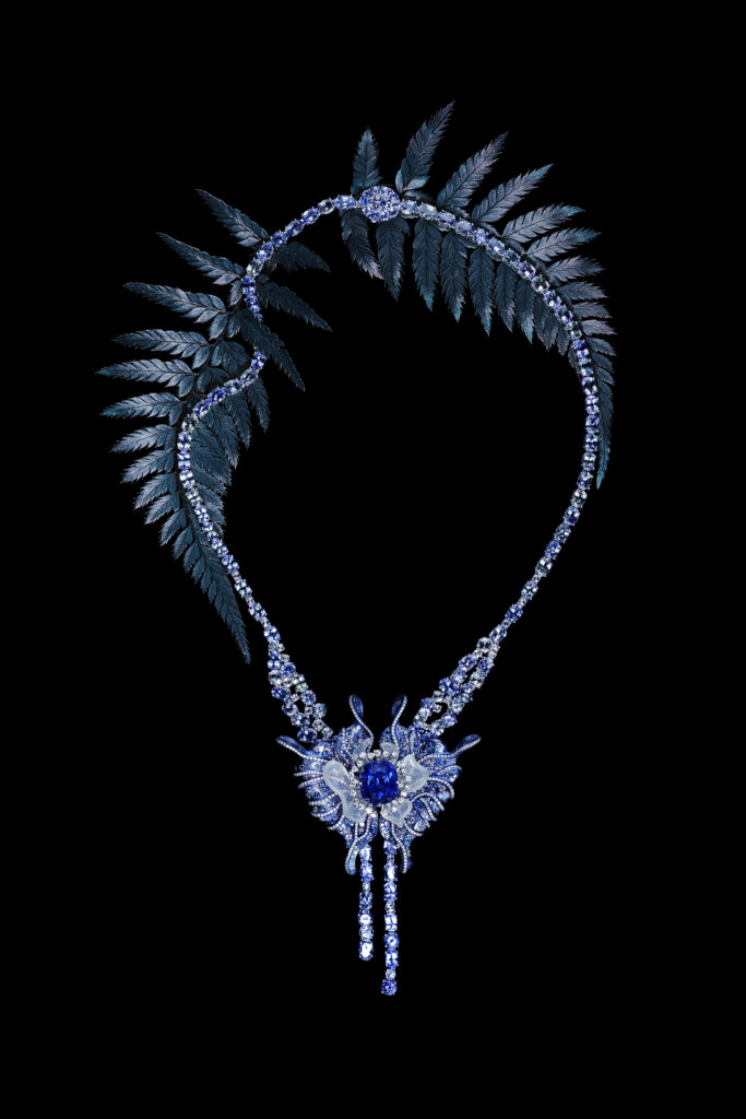 "The set of Orchid necklace" made of titanium and white gold with unheated royal blue sapphire, tanzanites, crystal jade, purple, blue sapphires, diamonds, Feng J.