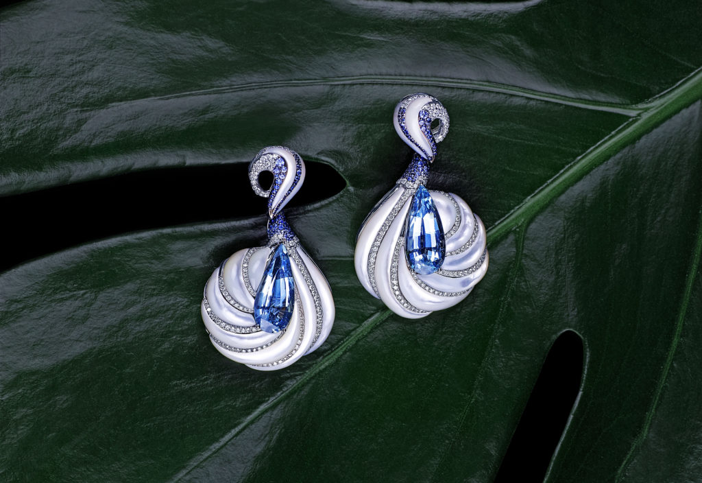 "The Alhambra Earrings" made of white gold with aquamarine, pearly shell, blue sapphires, white diamonds, Feng J.